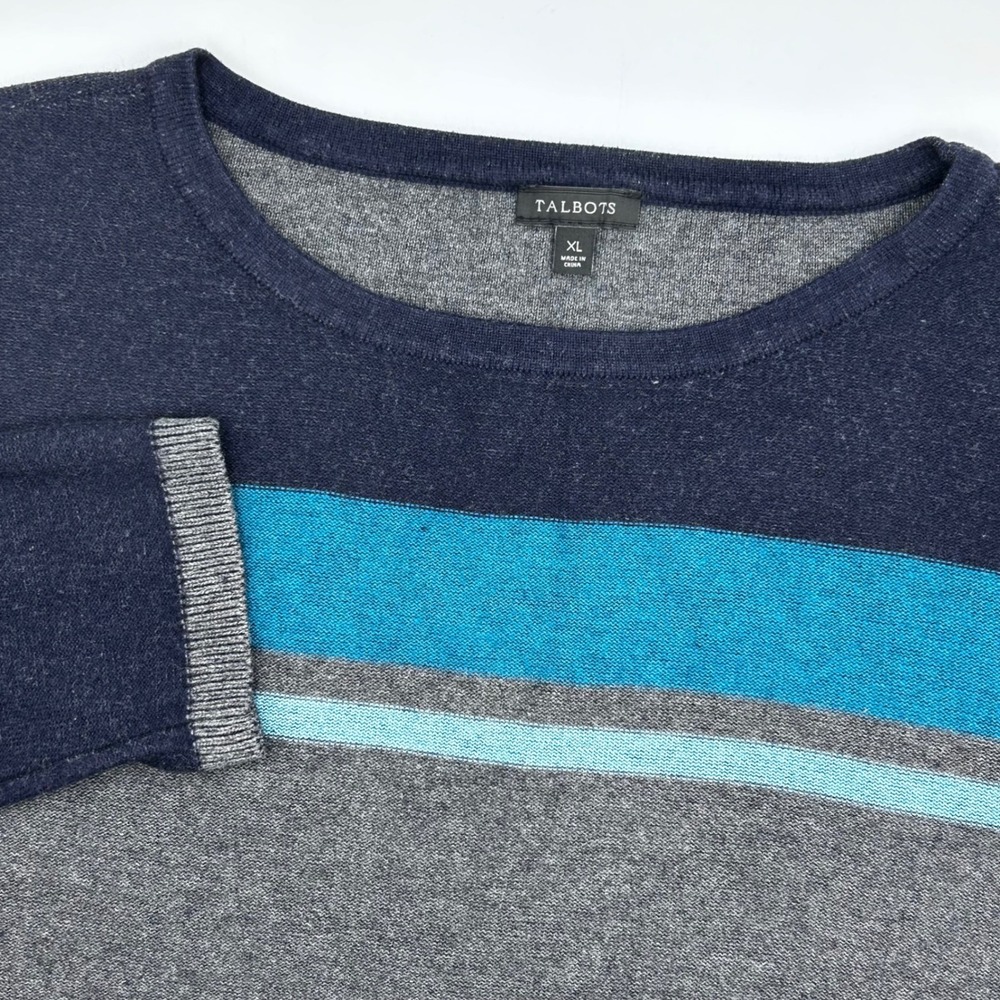 Talbots Womens XL Blue Grey Striped Knit Crewneck Sweater Long Sleeve EUC